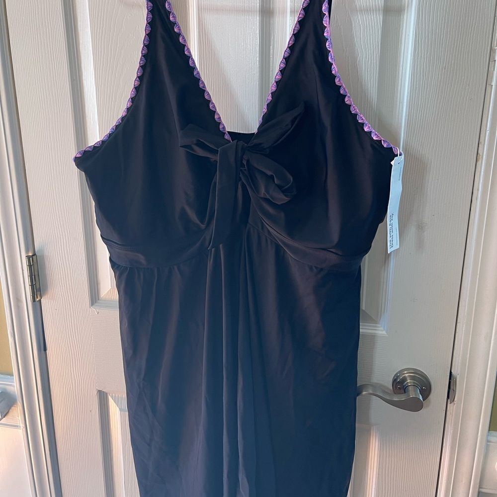 NWT Black swim dress pink & blue scallop embroidery adjustable strap SZ26/4X
